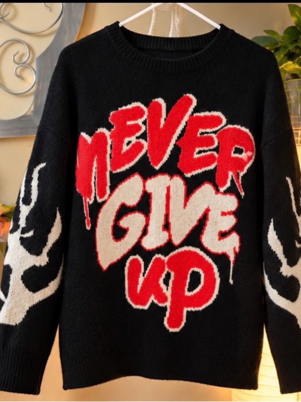 Black "Never Give Up" Graphic Knit Sweater - Men's